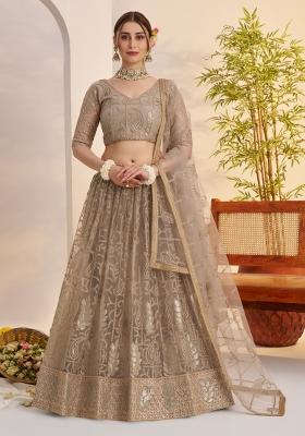 Grey Embroidered Net Lehenga Set