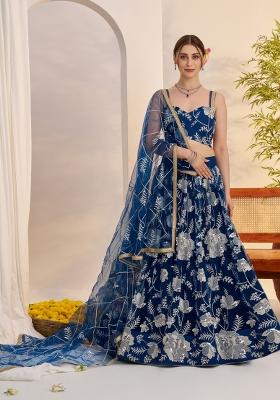 Blue Embroidered Net Lehenga Set