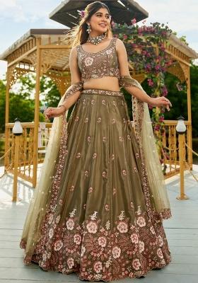 Olive Green Embroidered Crepe Lehenga Set