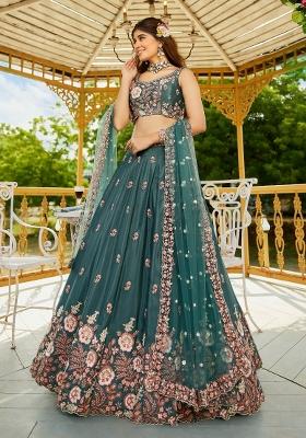 Sea Green Embroidered Crepe Lehenga Set