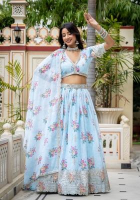 Sky Blue Embroidered Georgette Lehenga Set