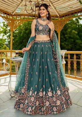 Teal Green Embroidered Silk Lehenga Set