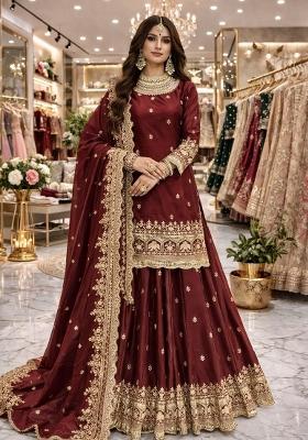 Maroon Sequin Work Silk Lehenga Set