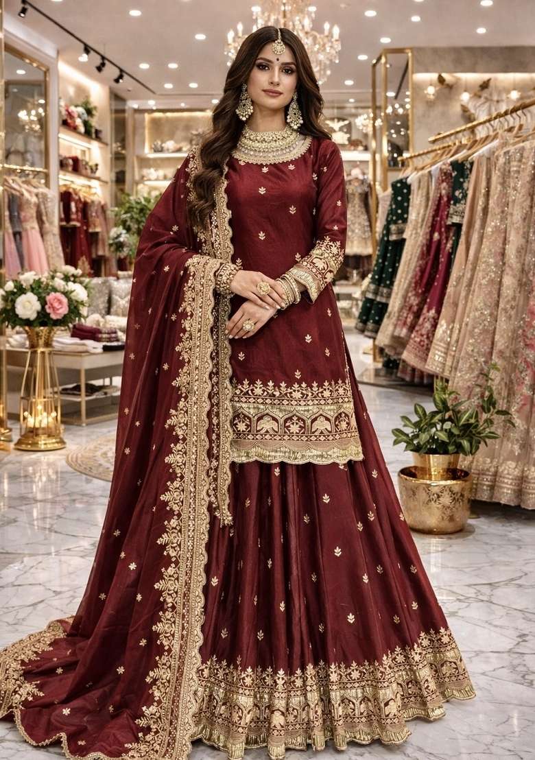 Maroon Work Silk Lehenga Set with Sequin for Diwali | Wedding & Festive Wear - Indya