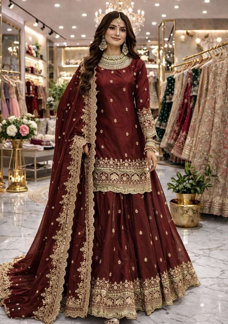 Maroon Work Silk Lehenga Set with Sequin for Diwali | Wedding & Festive Wear - Indya