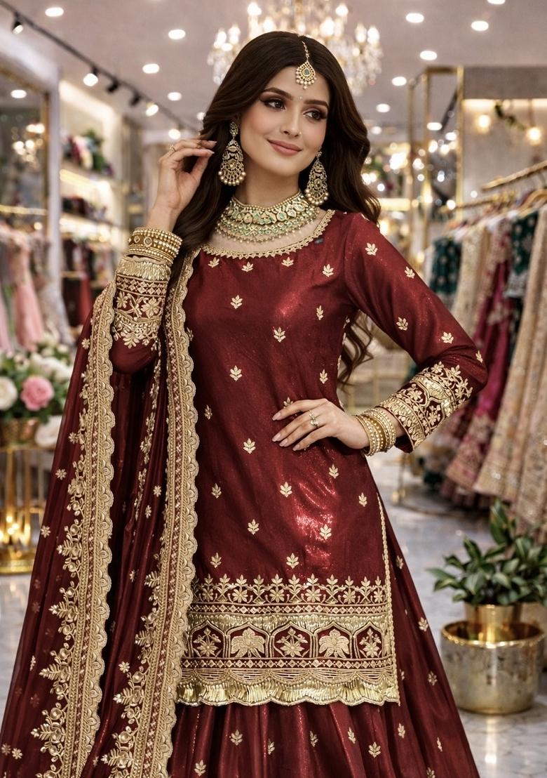 Maroon Sequin Work Silk Lehenga Set - Indya