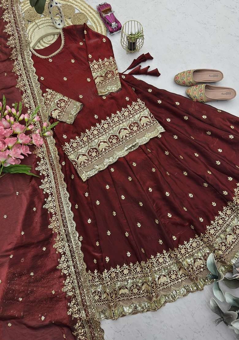 Maroon Work Silk Lehenga Set with Sequin for Diwali | Wedding & Festive Wear - Indya