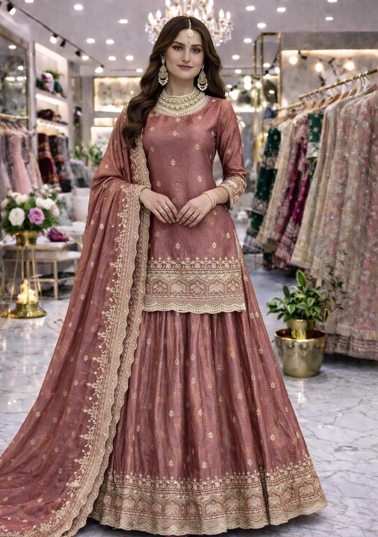 Mauve Sequin Work Silk Lehenga Set - Indya