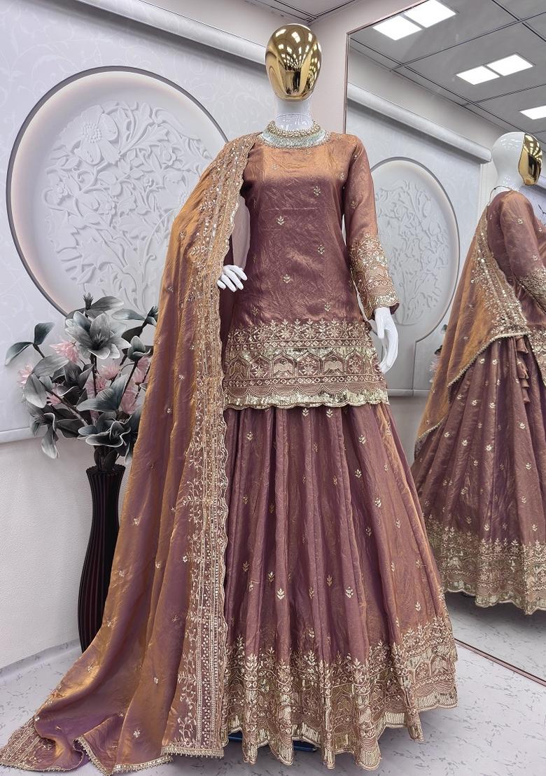Mauve Sequin Work Silk Lehenga Set - Indya