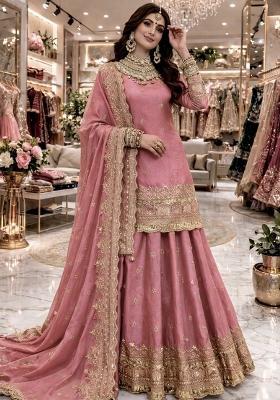 Peach Sequin Work Silk Lehenga Set