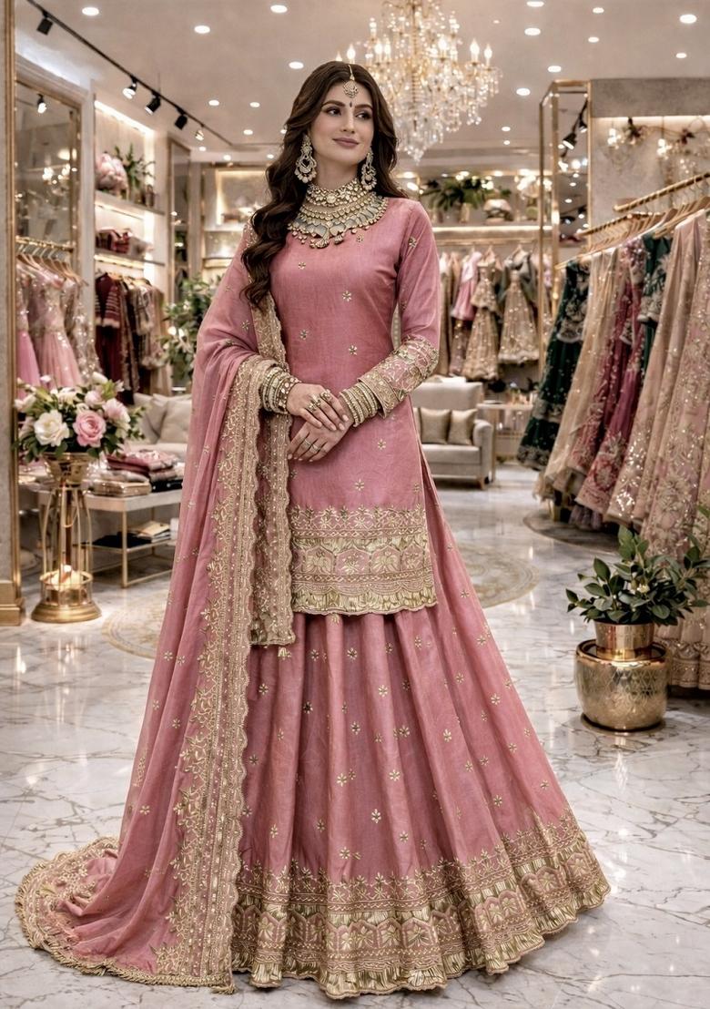 Peach Sequin Work Silk Lehenga Set - Indya