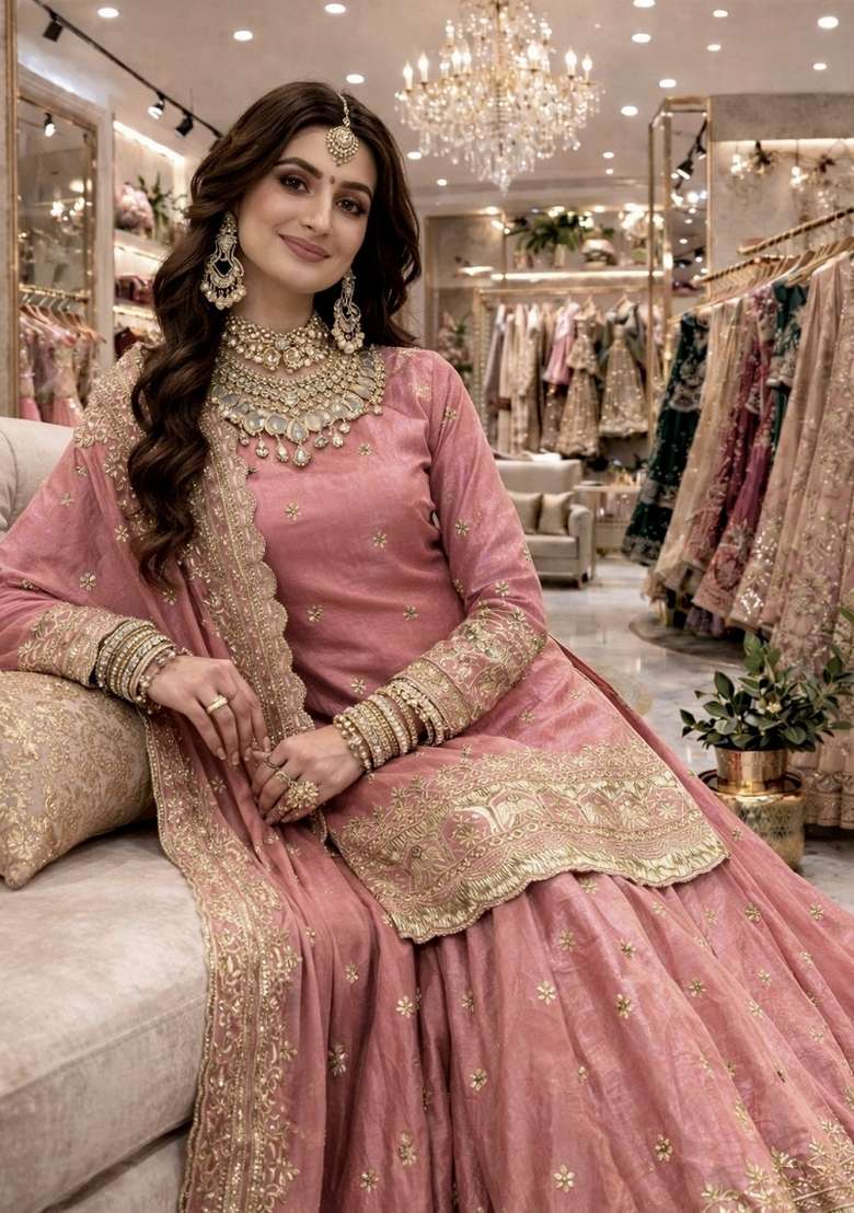 Peach Sequin Work Silk Lehenga Set for Diwali and Festive Wear - Indya