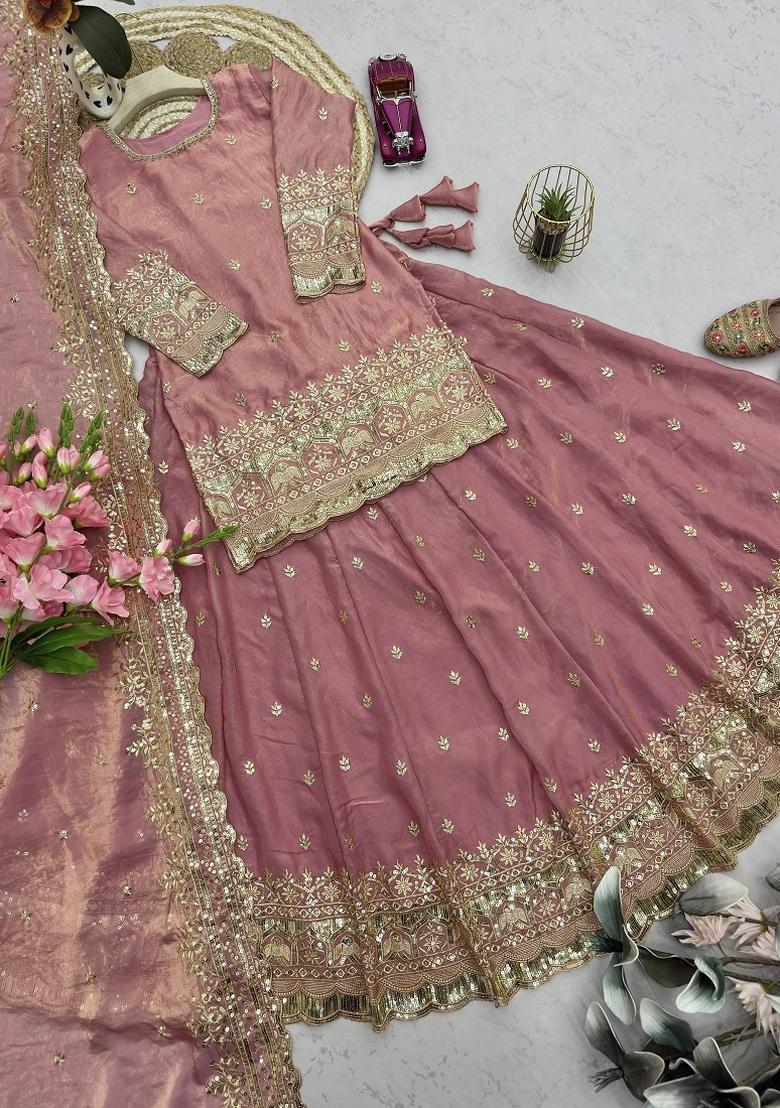 Peach Sequin Work Silk Lehenga Set - Indya