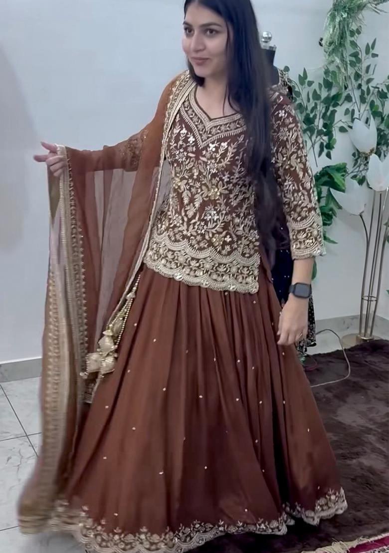 Brown Sequin Work Georgette Lehenga Set - Indya