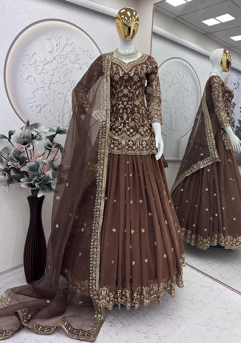 Brown Sequin Work Georgette Lehenga Set - Indya