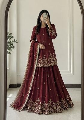 Maroon Sequin Work Silk Lehenga Set