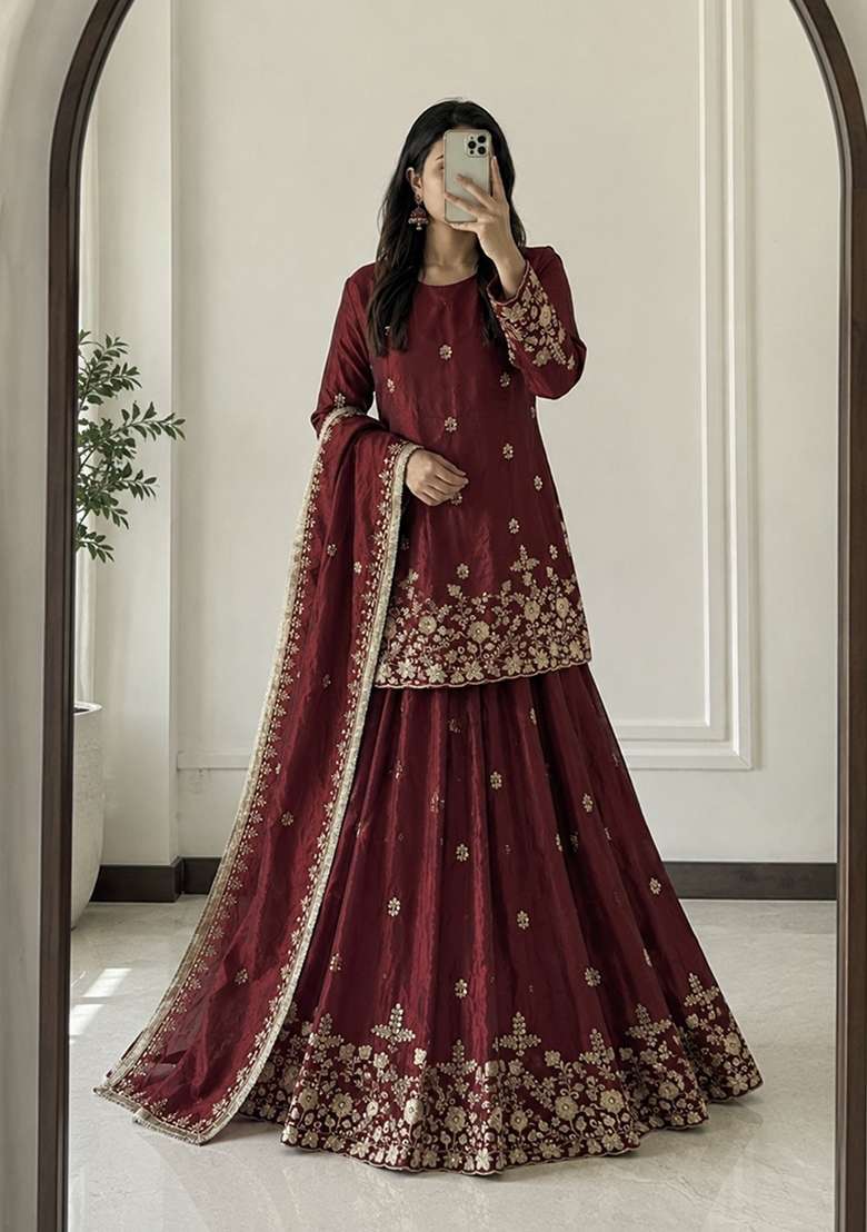 Maroon Sequin Work Silk Lehenga Set for Diwali and Festive Wear - Indya