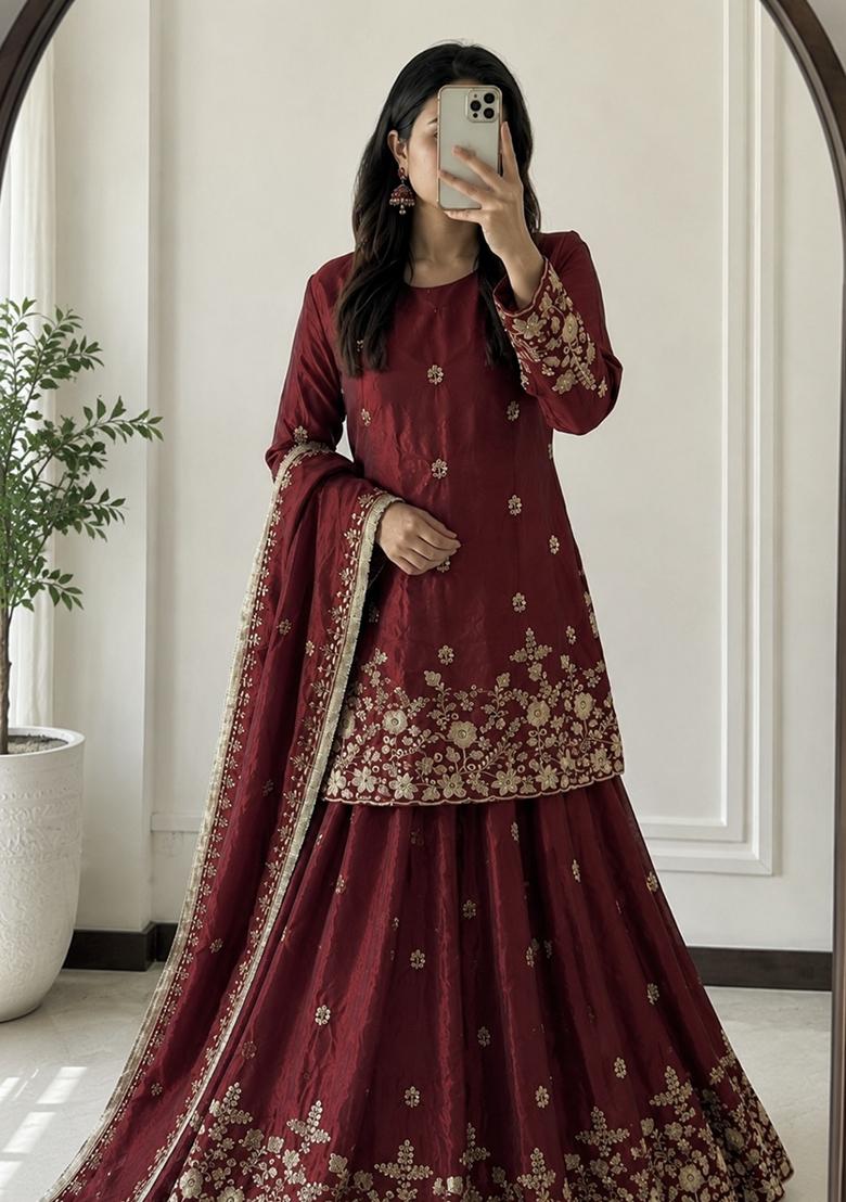Maroon Sequin Work Silk Lehenga Set - Indya