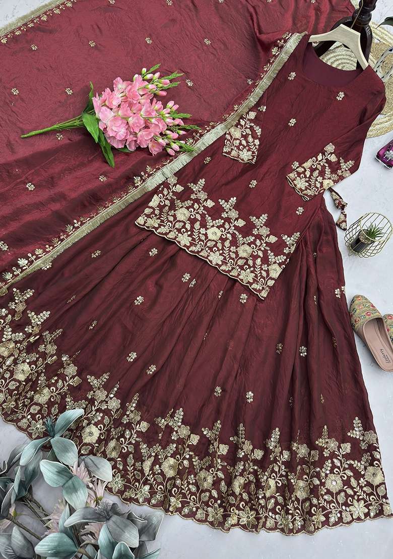 Maroon Sequin Work Silk Lehenga Set for Diwali and Festive Wear - Indya