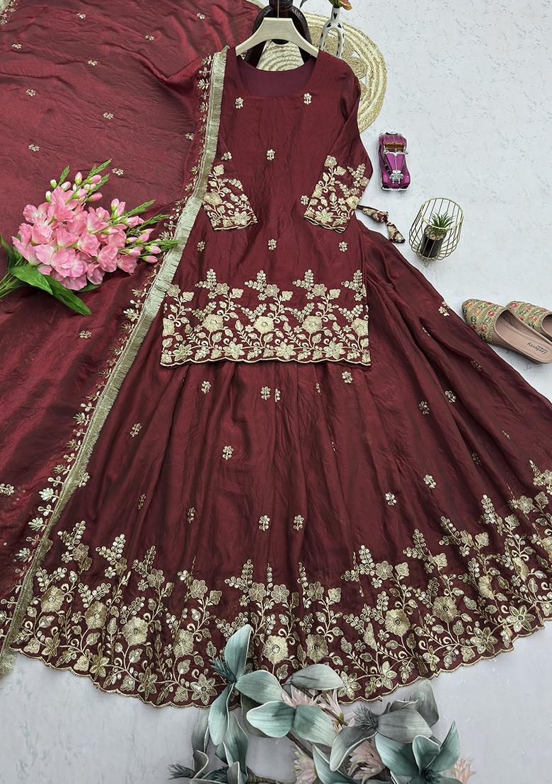 Maroon Sequin Work Silk Lehenga Set - Indya