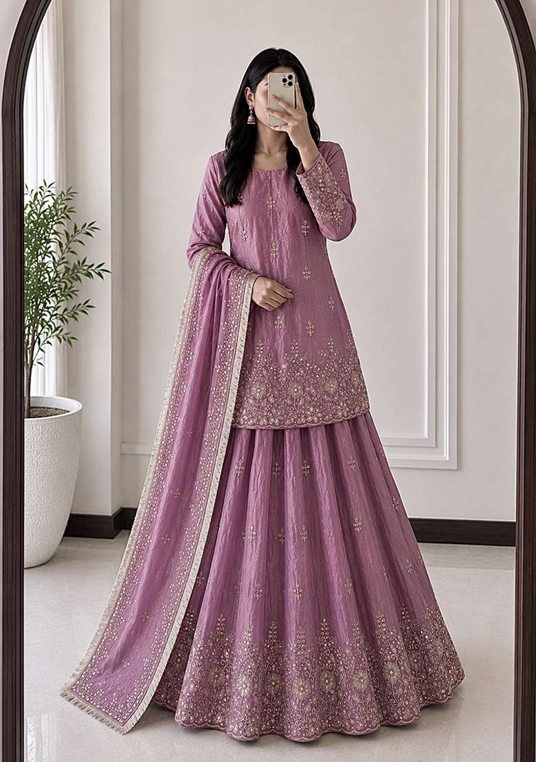 Mauve Work Silk Lehenga Set with Sequin for Diwali | Wedding & Festive Wear - Indya
