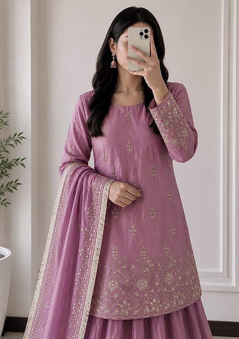 Mauve Sequin Work Silk Lehenga Set - Indya
