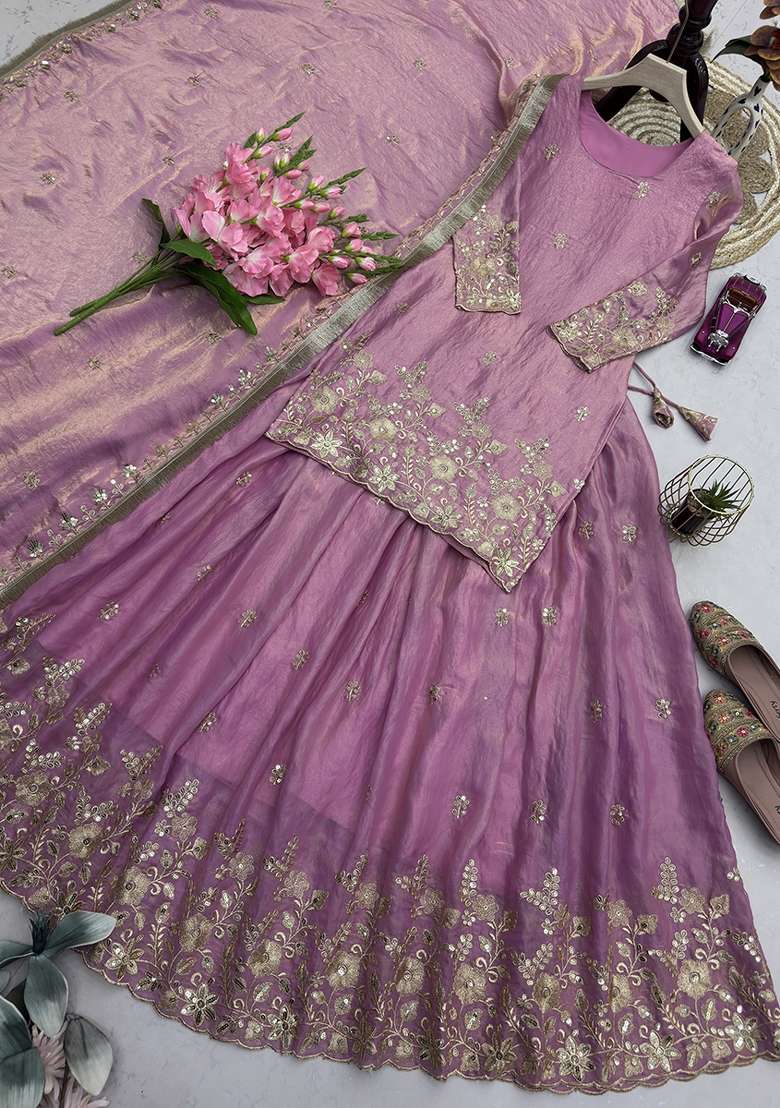 Mauve Work Silk Lehenga Set with Sequin for Diwali | Wedding & Festive Wear - Indya