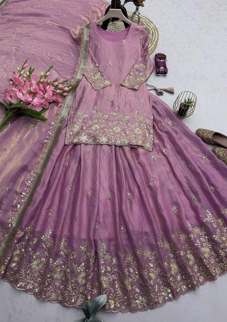 Mauve Sequin Work Silk Lehenga Set - Indya