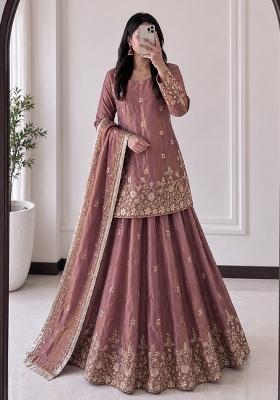 Peach Sequin Work Silk Lehenga Set