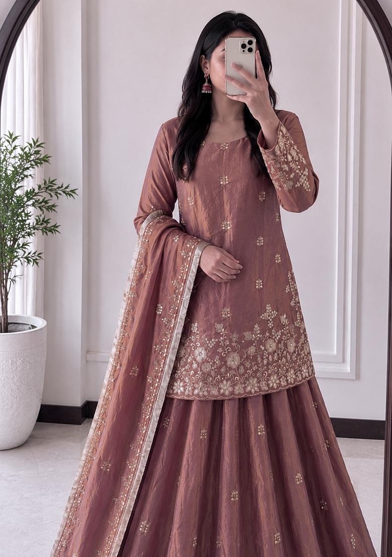 Peach Sequin Work Silk Lehenga Set - Indya