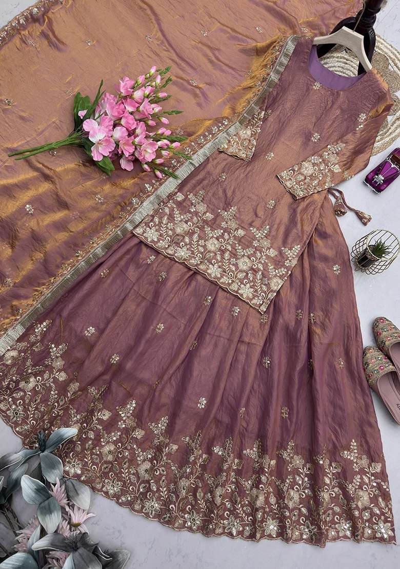 Peach Work Silk Lehenga Set with Sequin for Diwali | Wedding & Festive Wear - Indya