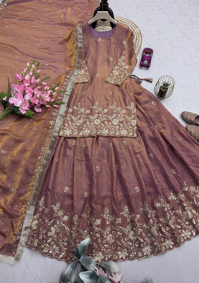 Peach Sequin Work Silk Lehenga Set - Indya