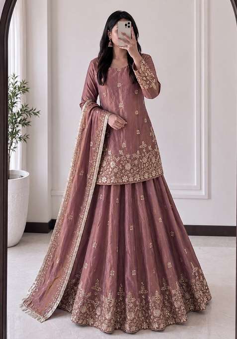 Peach Work Silk Lehenga Set with Sequin for Diwali | Wedding & Festive Wear