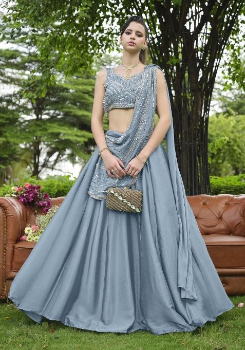 Dusty Green Beads Work Chinon Lehenga Choli