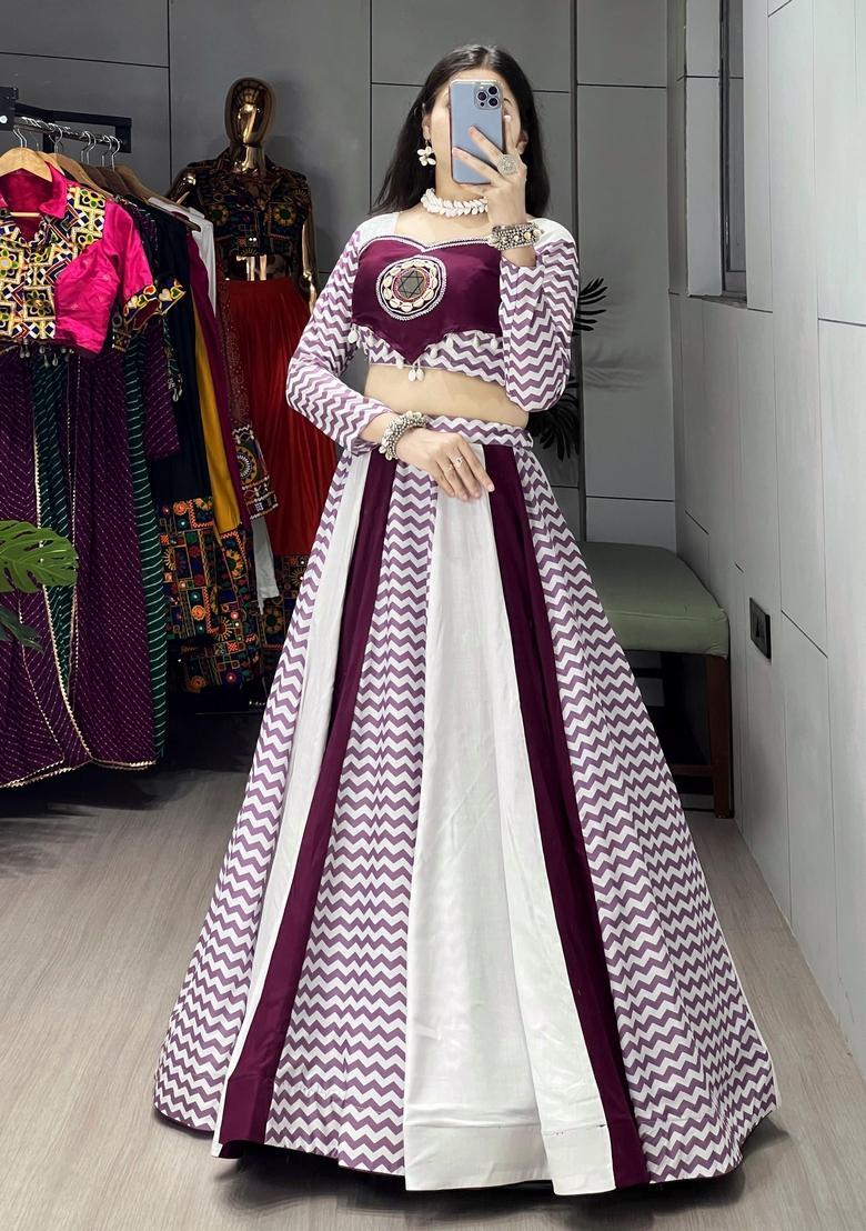 Wine Mirror Work Cotton Lehenga Set - Indya