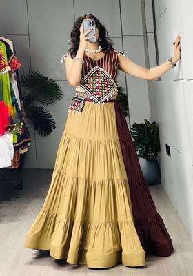 Brown Mirror Work Cotton Lehenga Set for Diwali and Festive Wear