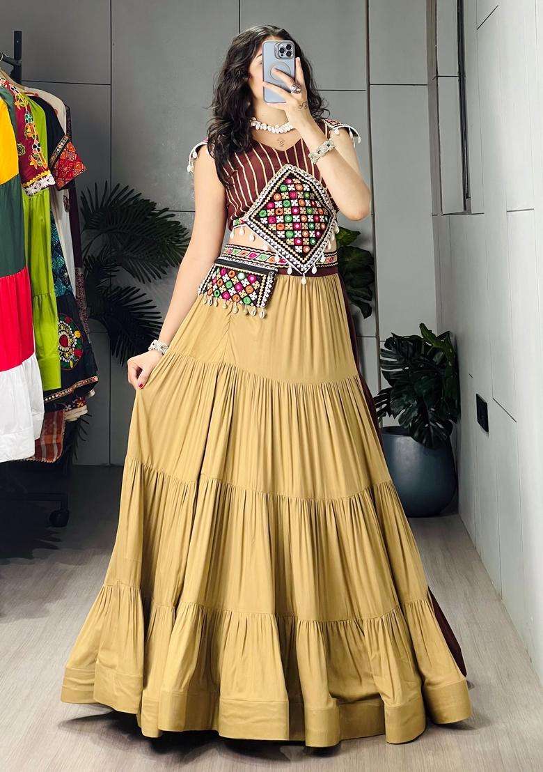 Brown Mirror Work Cotton Lehenga Set for Diwali and Festive Wear - Indya