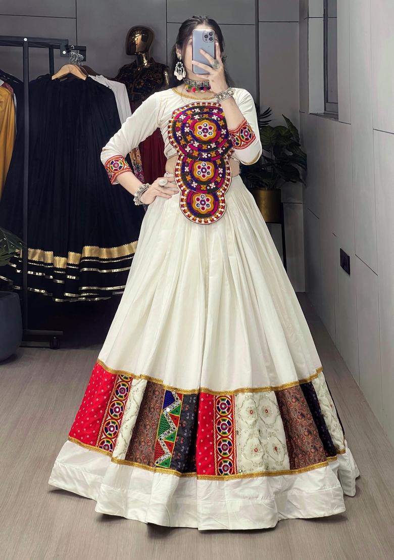 White Embroidered Cotton Lehenga Set - Indya