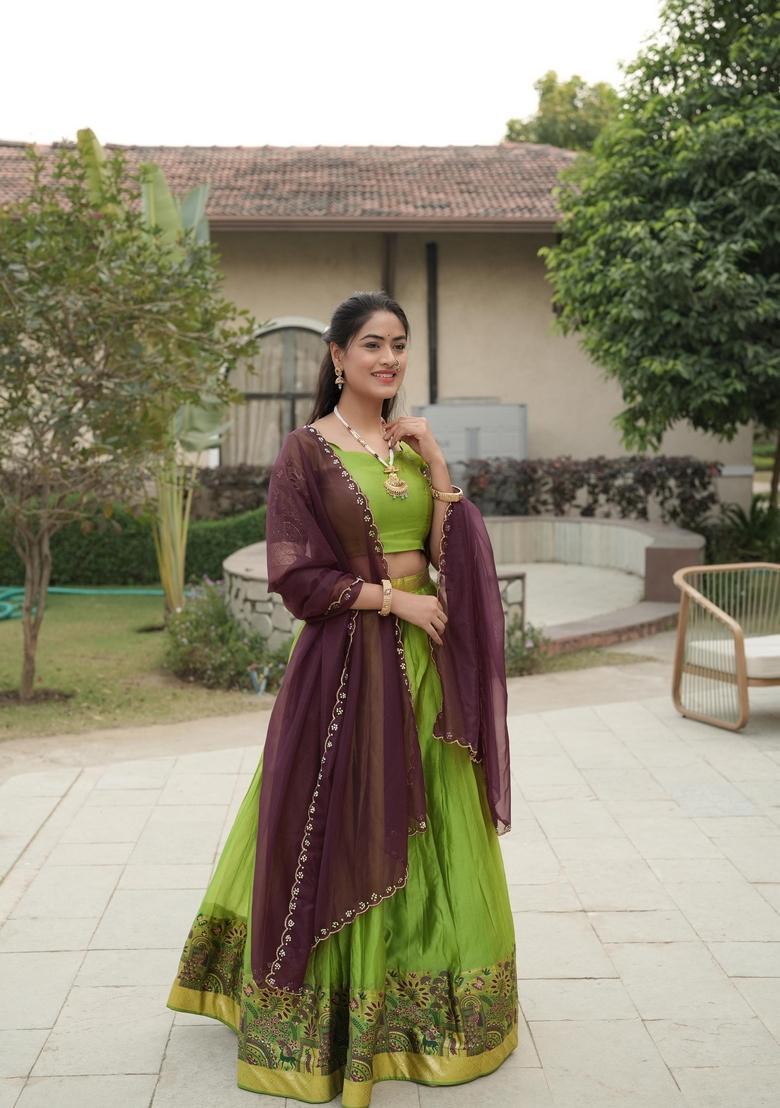 Parrot Zari Work Shimmar Lehenga Set - Indya