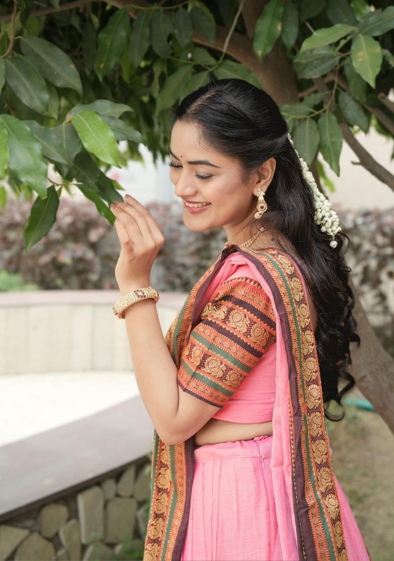 Pink Weaving Design Cotton Lehenga Set - Indya