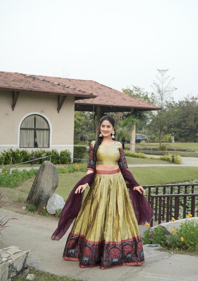 Cream Zari Work Silk Lehenga Set - Indya