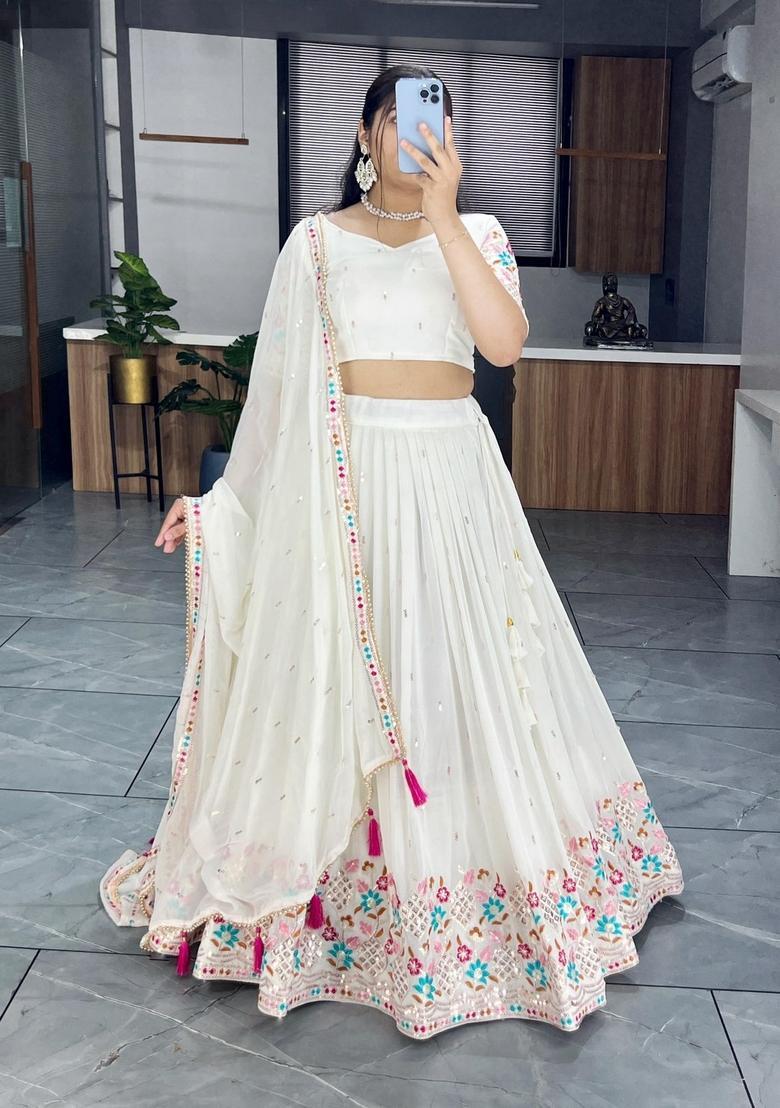 Off White Embroidered Georgette Lehenga Set - Indya