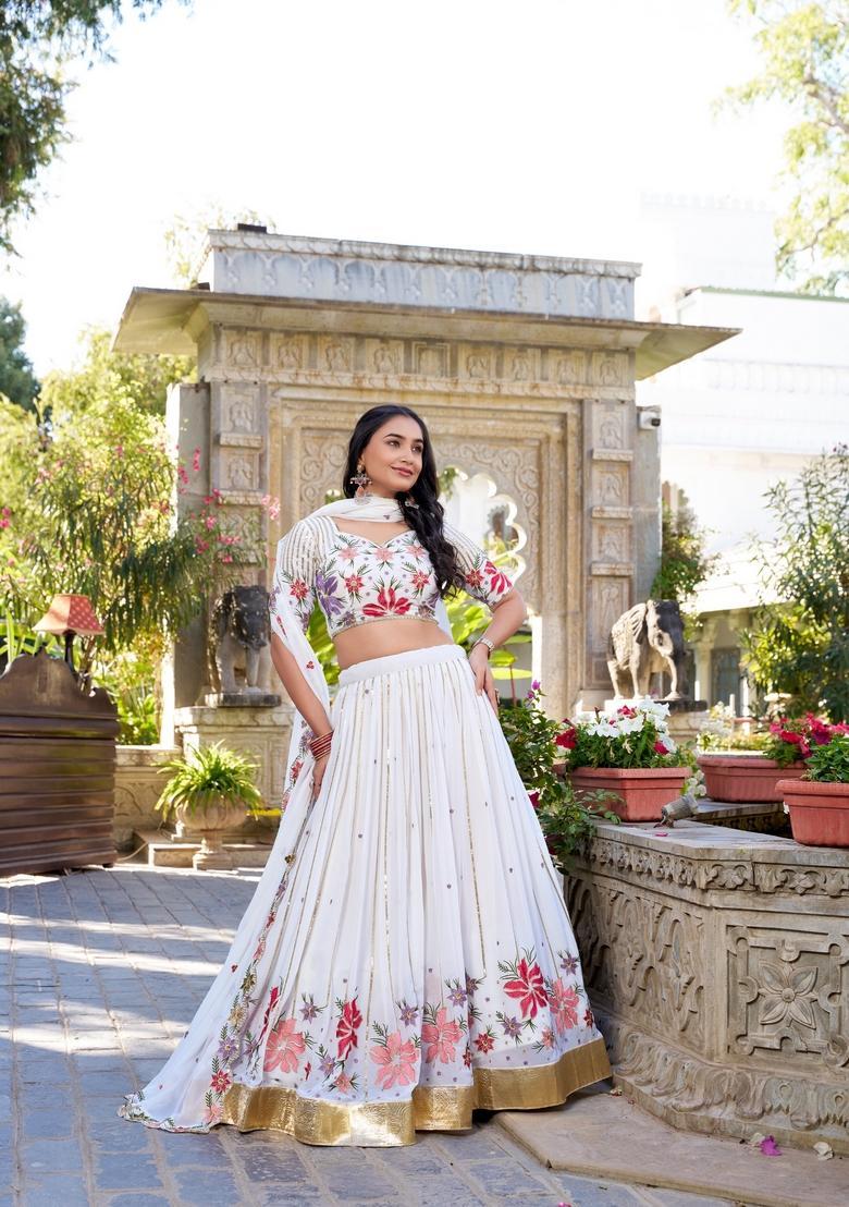 White Embroidered Georgette Lehenga Set - Indya