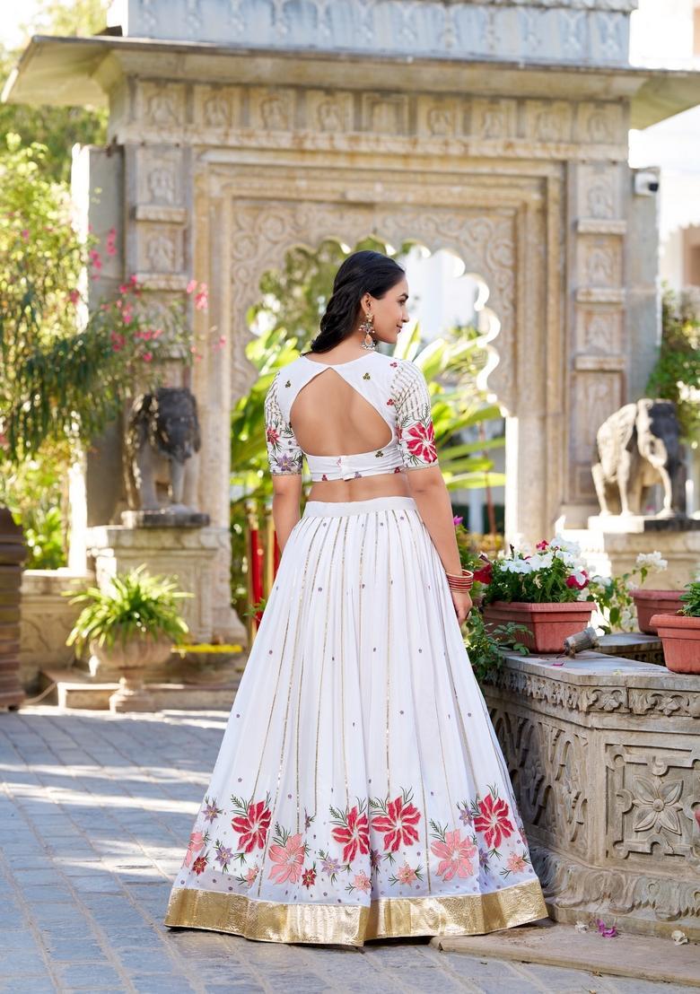 White Embroidered Georgette Lehenga Set - Indya