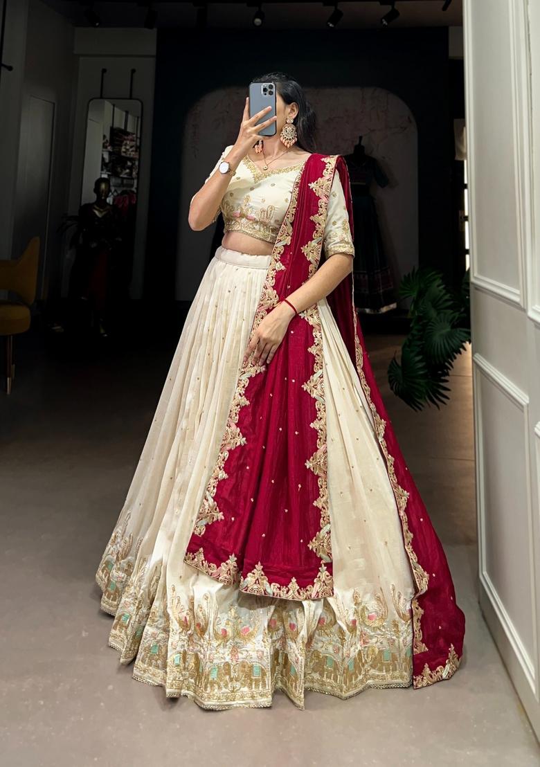 Off White Embroidered Silk Lehenga Set - Indya