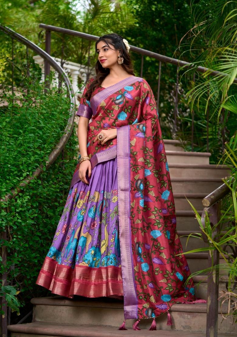 Purple Printed Silk Lehenga Set - Indya