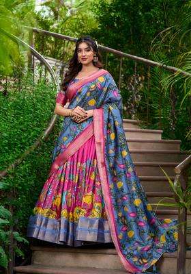 Blue Printed Silk Lehenga Set for Diwali and Festive Wear