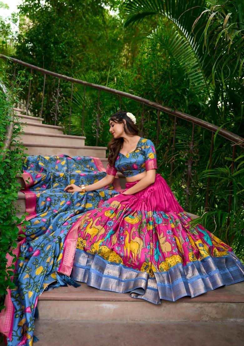 Blue Printed Silk Lehenga Set - Indya