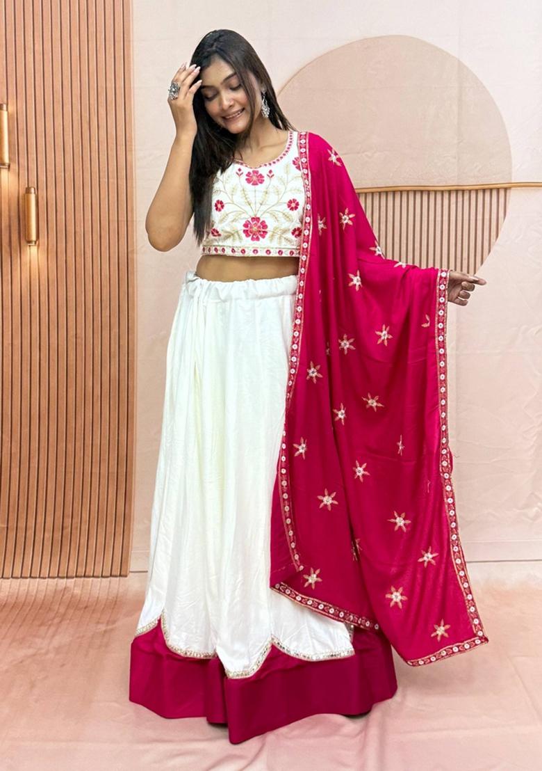 White Embroidered Cotton Lehenga Set - Indya