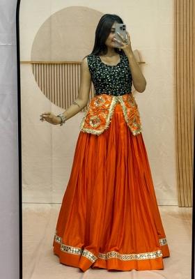 Orange Embroidered Cotton Lehenga Set